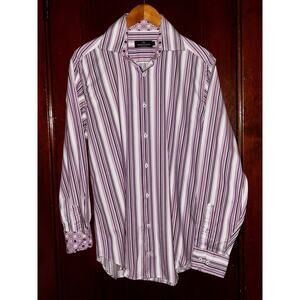 BUGATCHI SHADES OF PURPLE STRIPE & WHITE COTTON LONG SLEEVE SHIRT FLIP CUFFS L